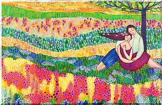 couple on a flower bed