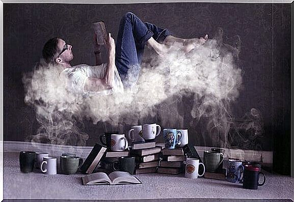 a man reads on top of coffee steam