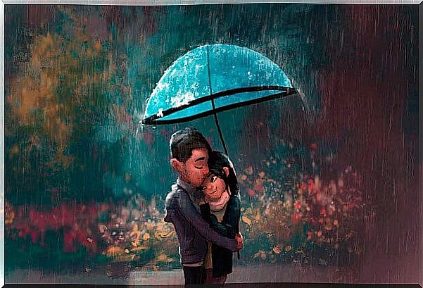 couple hugging in the rain