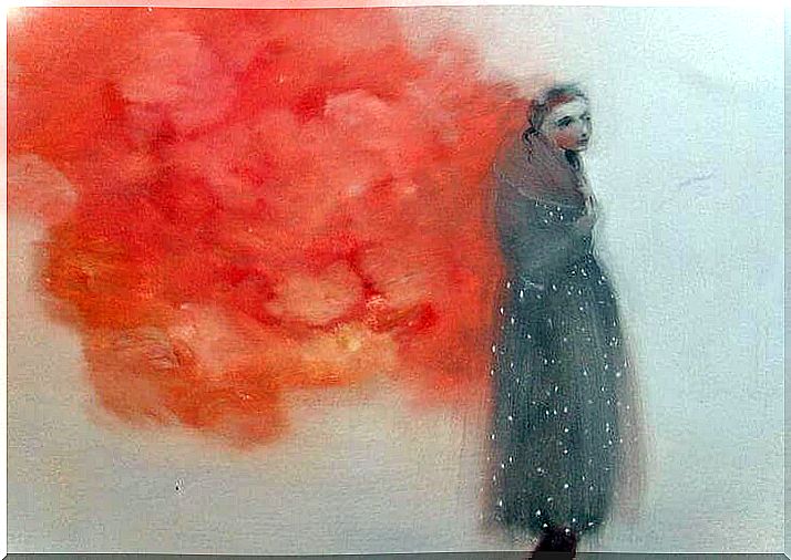 the woman emits red smoke