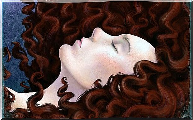 a red-haired woman sleeping or in a coma